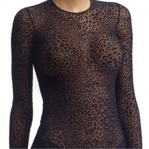 Commando Chic Black Mesh Leopard Animal Print Sheer Top Long Sleeve